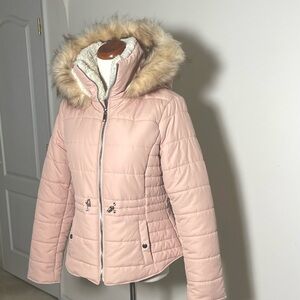 Jacket coat with fur hood Size M pink beige cream brown